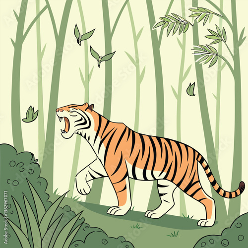 A Bengal tiger, a big striped feline carnivore, is a wild mammal in the jungle