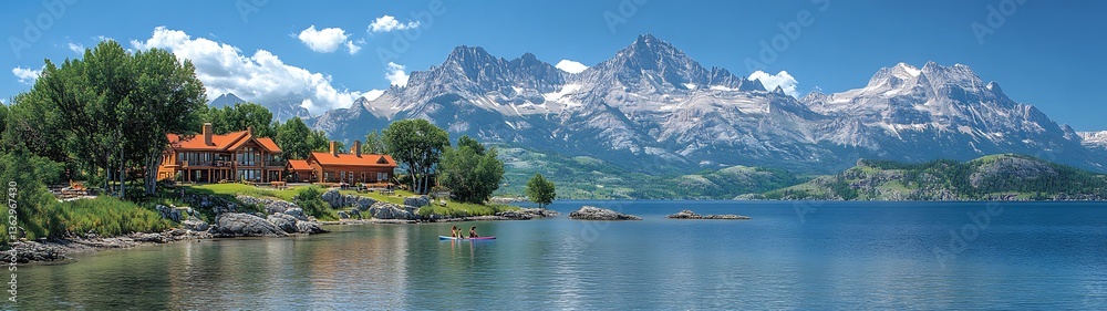 Fototapeta premium Mountain Lake Cabin Kayak Scene.