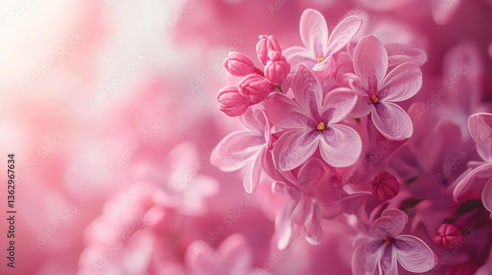 Dreamy pink lilac blossoms in soft focus create a serene and romantic spring floral background with delicate petals and pastel hues