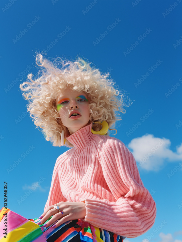 Fototapeta premium A beautiful girl in a pink sweater, with curly hair, a dreamy blue gaze, and soft makeup, embodies a style perfect for both spring and autumn.