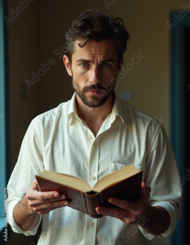 A man in a white shirt is reading a book