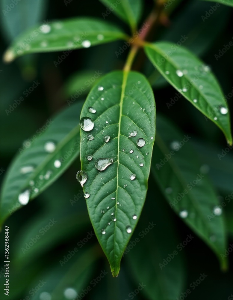 A green leaf with water droplets on it A green leaf with water droplets on it