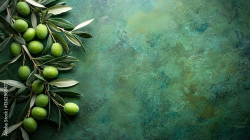 A green background with a bunch of green olives on it