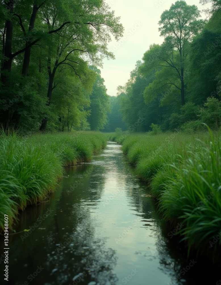 Obraz premium A small stream running through a lush green forest