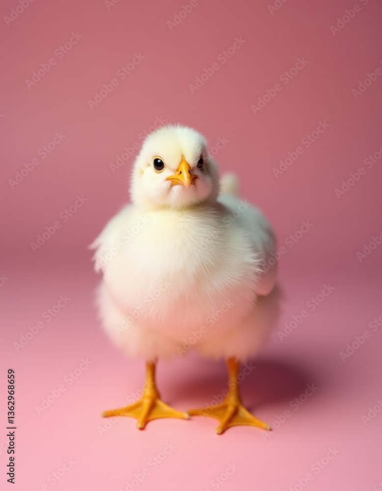 A small white chicken standing on a pink surface A small white chicken standing on a pink surface