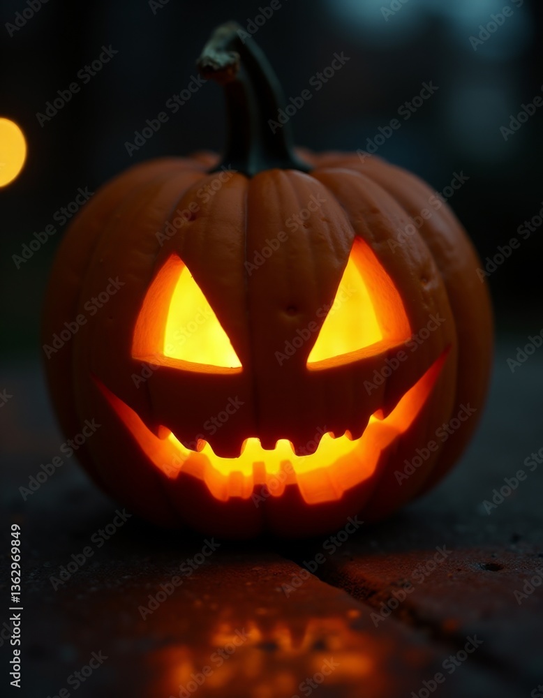 A jack-o-lantern is lit up in the dark A jack-o-lantern is lit up in the dark