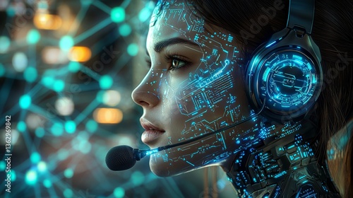 Futuristic Humanoid Operator with Integrated Digital Interface Connection