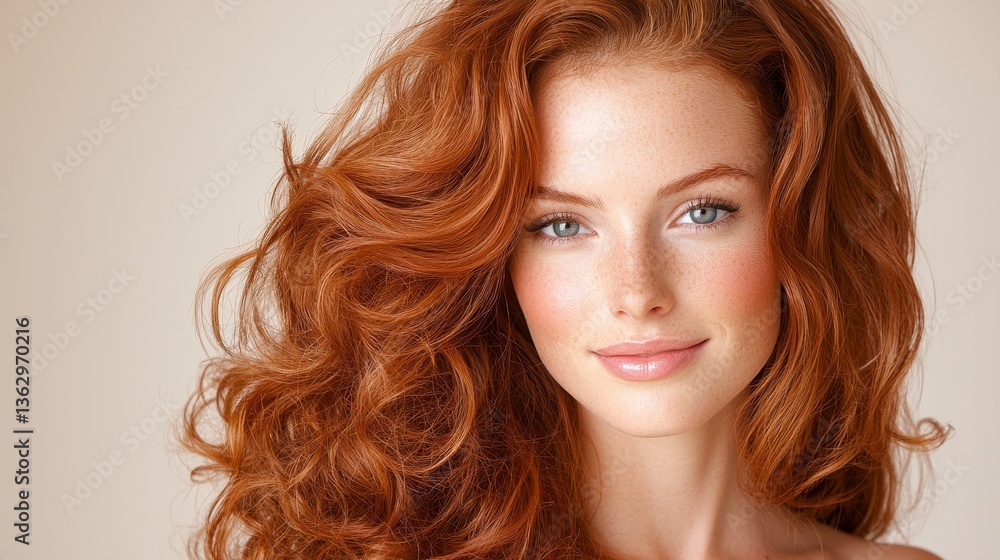 Naklejka premium Portrait of a Young Woman with Vibrant Red Curly Hair and Freckles