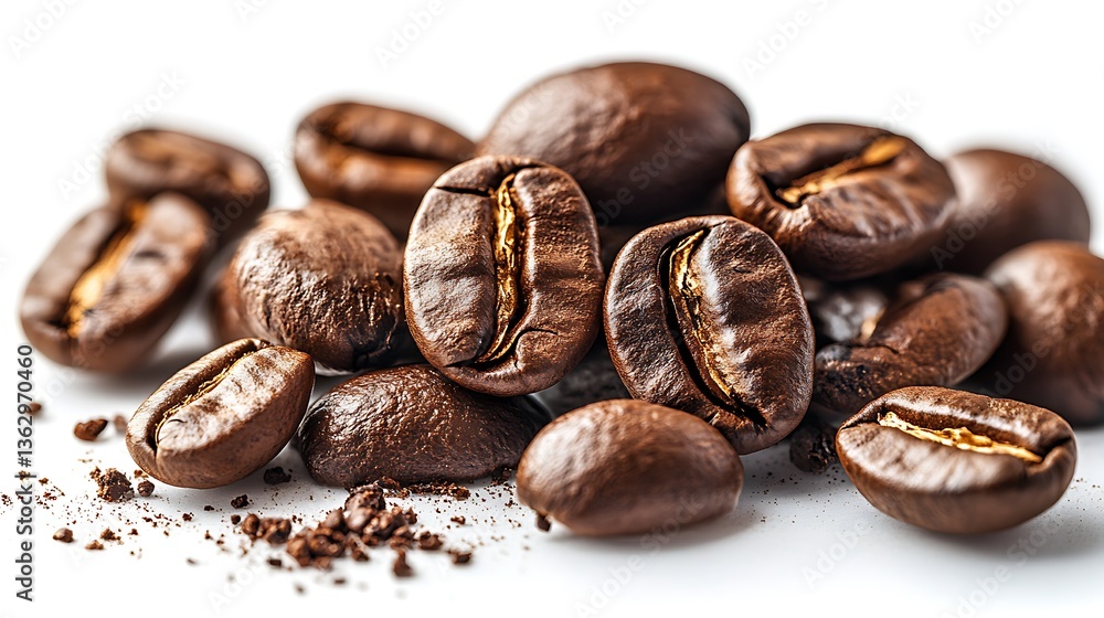 Roasted coffee beans and ground coffee resting on white background Roasted coffee beans and ground coffee resting on white background