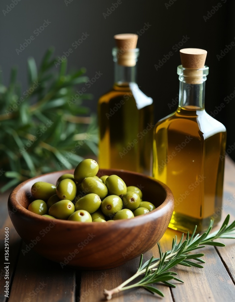 olives in a bowl and two bottles of olive oil olives in a bowl and two bottles of olive oil
