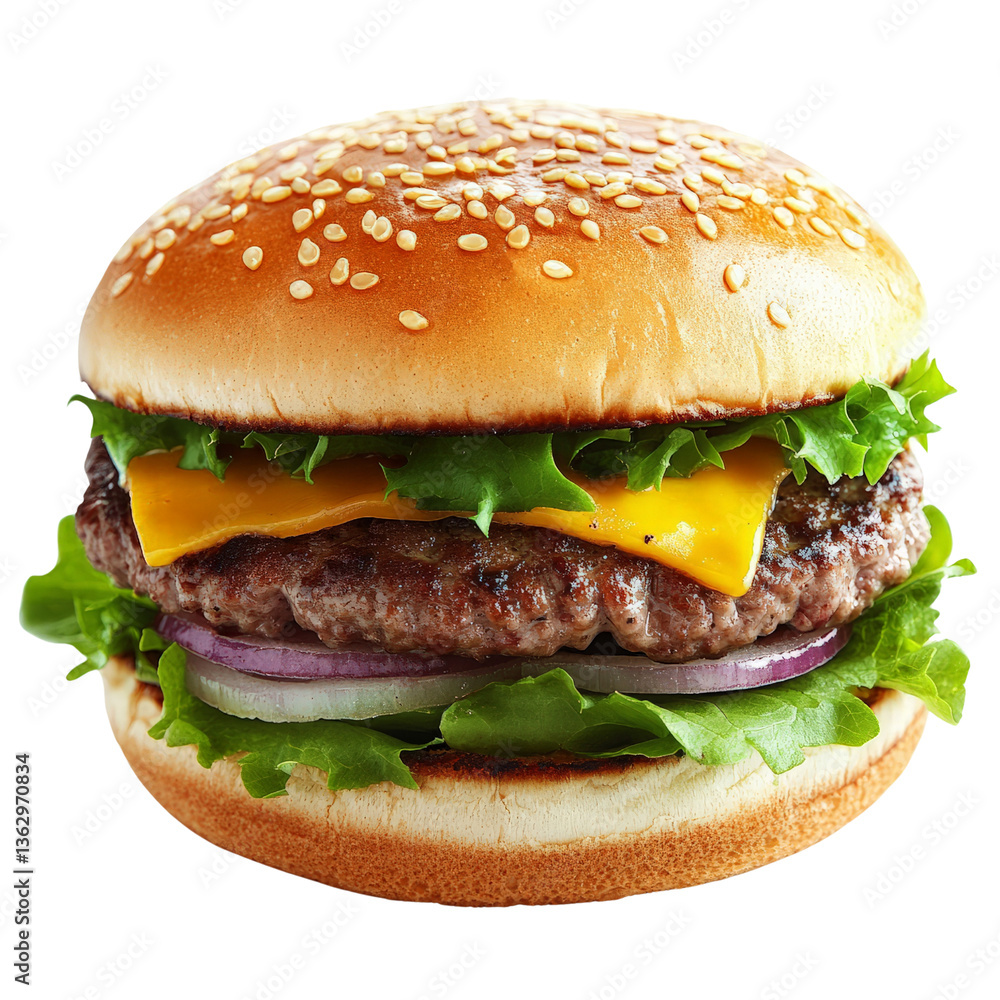 Classic Hamburger PNG Featuring a Sesame Seed Bun, Juicy Beef Patty, Melted Cheddar Cheese, Fresh Lettuce, Red Onion Rings, and a Hint of Mustard Classic Hamburger PNG Featuring a Sesame Seed Bun, Juicy Beef Patty, Melted Cheddar Cheese, Fresh Lettuce, Red Onion Rings, and a Hint of Mustard