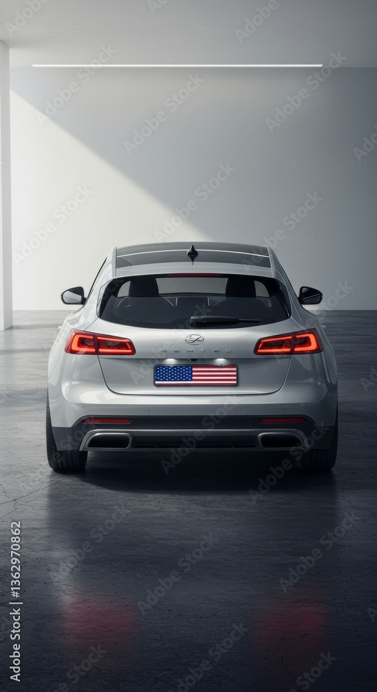 Fototapeta premium Rear View of a Modern Silver Car with American Flag License Plate