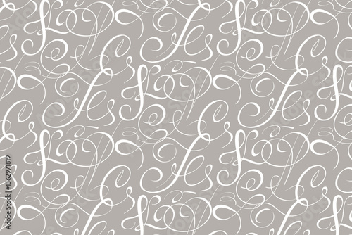 Elegant calligraphic seamless pattern with swirls and curls in white over a muted gray background. Ideal for stationery, packaging, and fabric design.