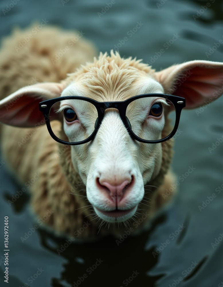 Fototapeta premium A sheep wearing glasses in the water
