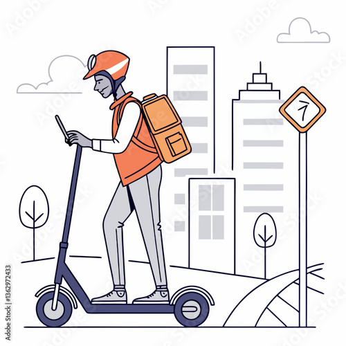 Gig economy worker delivering packages on an electric scooter, modern courier service