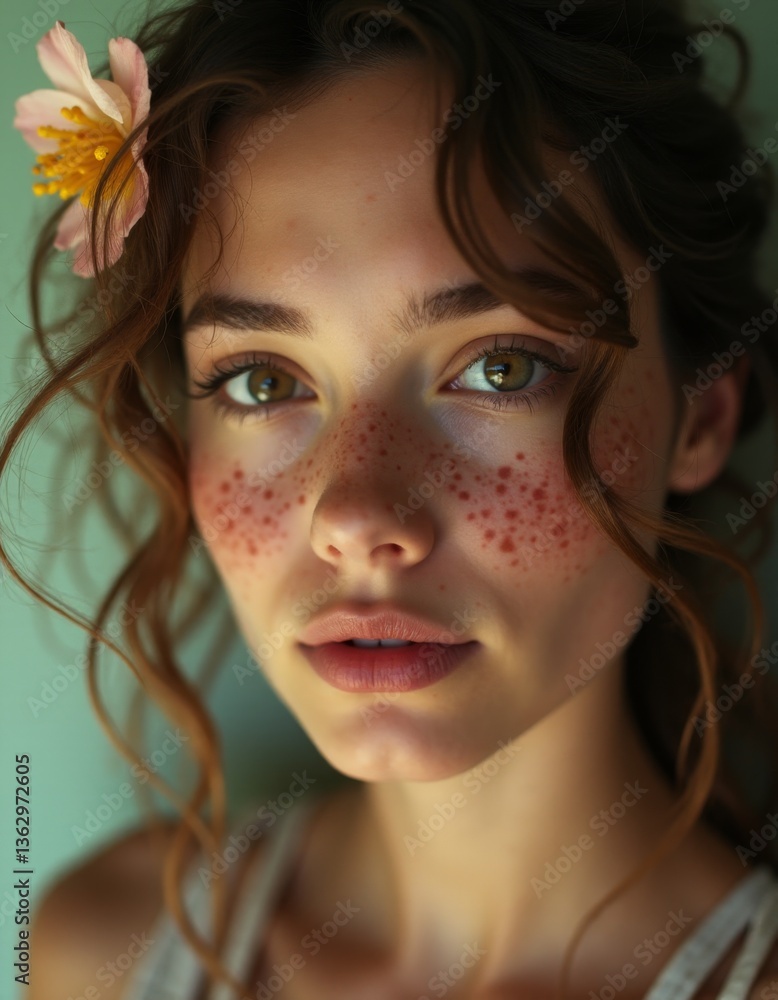 Fototapeta premium A young woman with freckles and a flower in her hair
