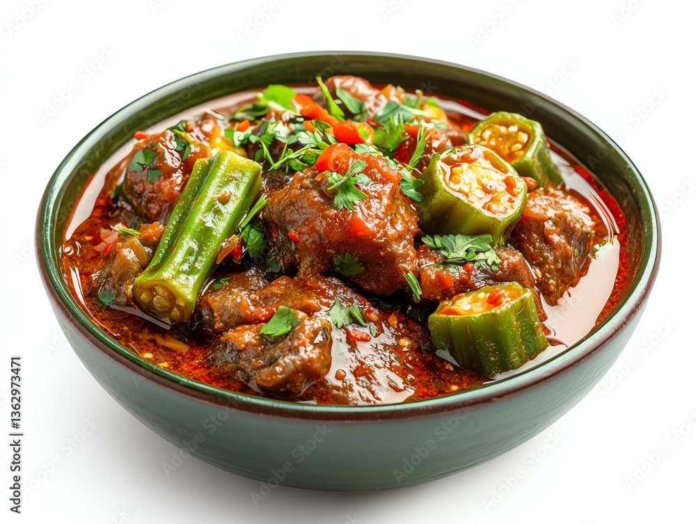 Serving Okra Beef Stew in Bowl with Parsley and Red Pepper Serving Okra Beef Stew in Bowl with Parsley and Red Pepper