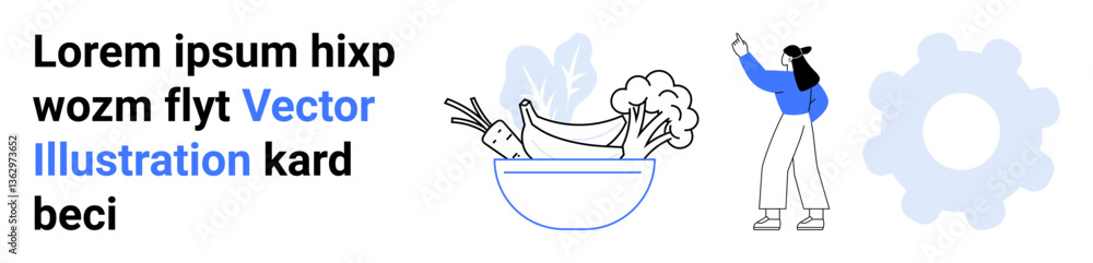 Woman gesturing toward a gear, bowl of fruits and vegetables showcasing healthy lifestyle, lorem text design. Ideal for wellness, lifestyle, technology, innovation, design, productivity simple Woman gesturing toward a gear, bowl of fruits and vegetables showcasing healthy lifestyle, lorem text design. Ideal for wellness, lifestyle, technology, innovation, design, productivity simple