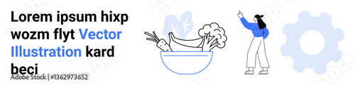 Woman gesturing toward a gear, bowl of fruits and vegetables showcasing healthy lifestyle, lorem text design. Ideal for wellness, lifestyle, technology, innovation, design, productivity simple