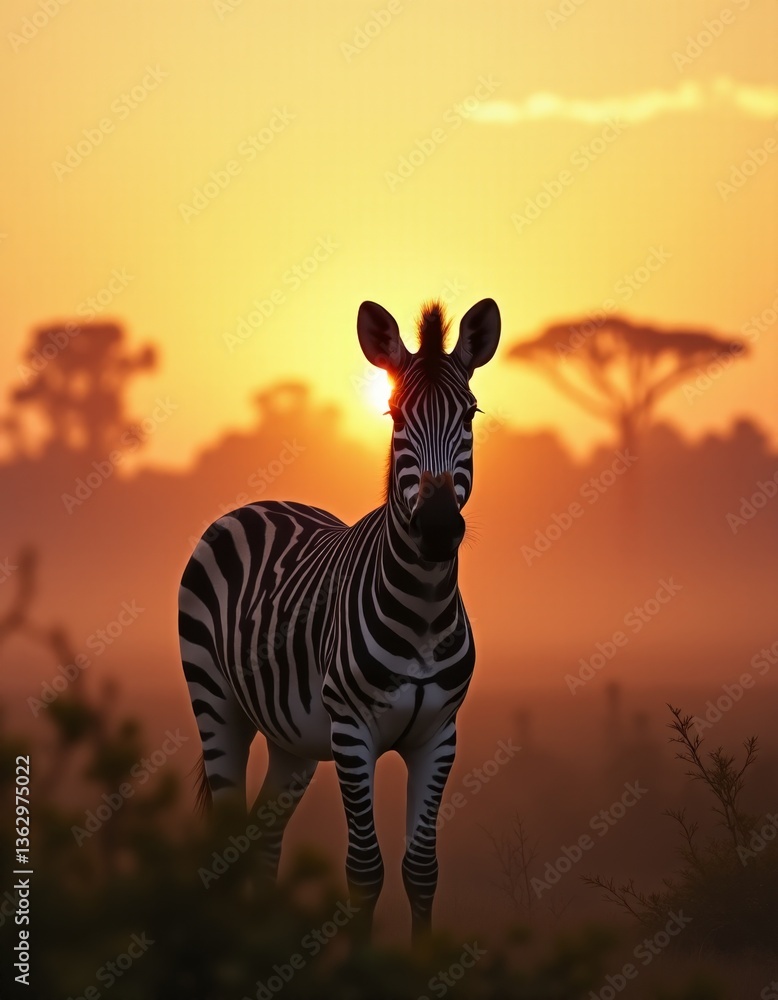 Obraz premium A zebra standing in the middle of a field at sunset
