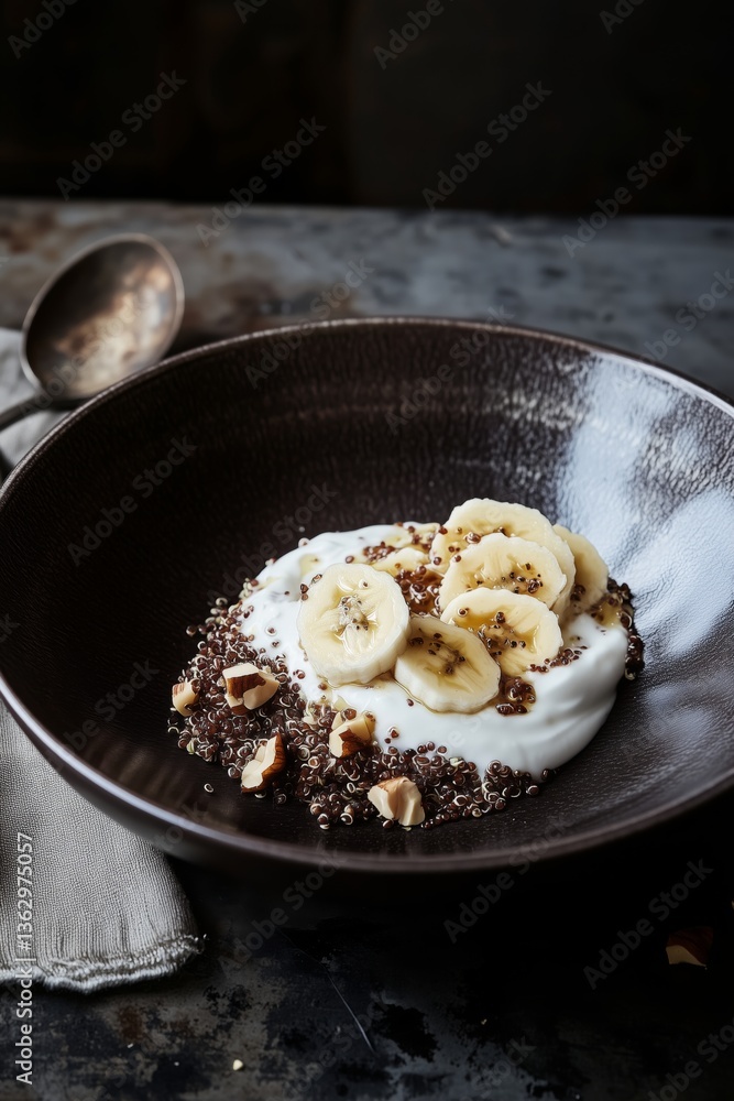 Banana quinoa yogurt bowl with nuts on dark ceramic plate Banana quinoa yogurt bowl with nuts on dark ceramic plate