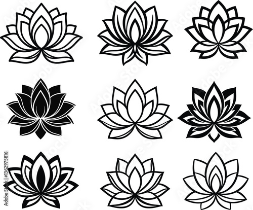 Various Lotus Flower Designs in Black and White
