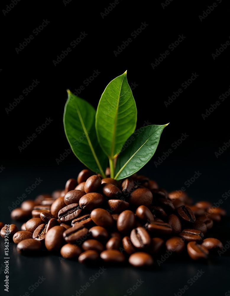 Obraz premium A pile of coffee beans with a green leaf on top