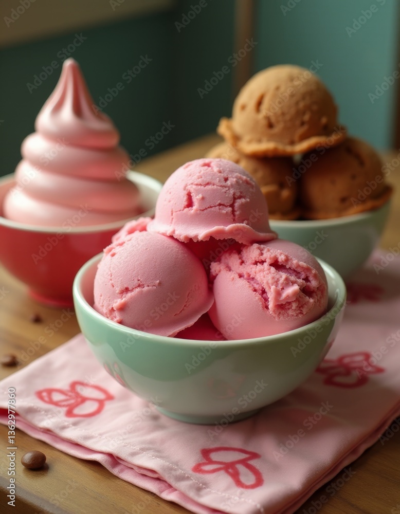 Three bowls of pink ice cream sitting on top of a table Three bowls of pink ice cream sitting on top of a table