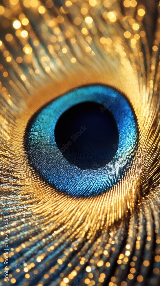 Obraz premium Captivating Close Up of a Peacock Feather Eye with Gold Bokeh Light and Blue Iridescent Detail Abstract Macro Photography