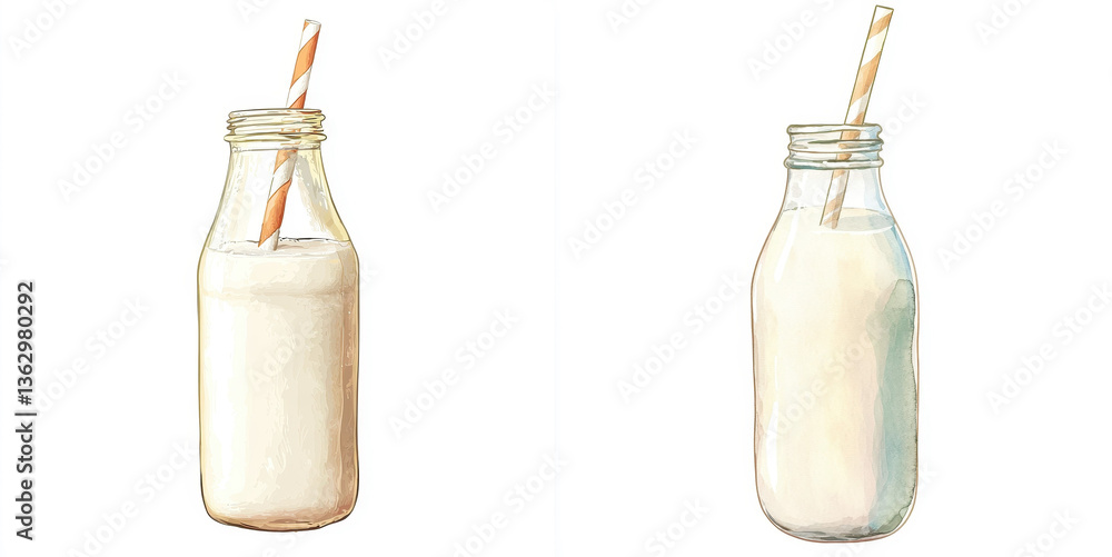 vintage milk bottle filled with creamy dairy drink, featuring striped straw, evokes sense of nostalgia and simplicity