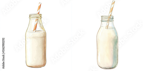 Obraz na płótnie vintage milk bottle filled with creamy dairy drink, featuring striped straw, evokes sense of nostalgia and simplicity w salonie
