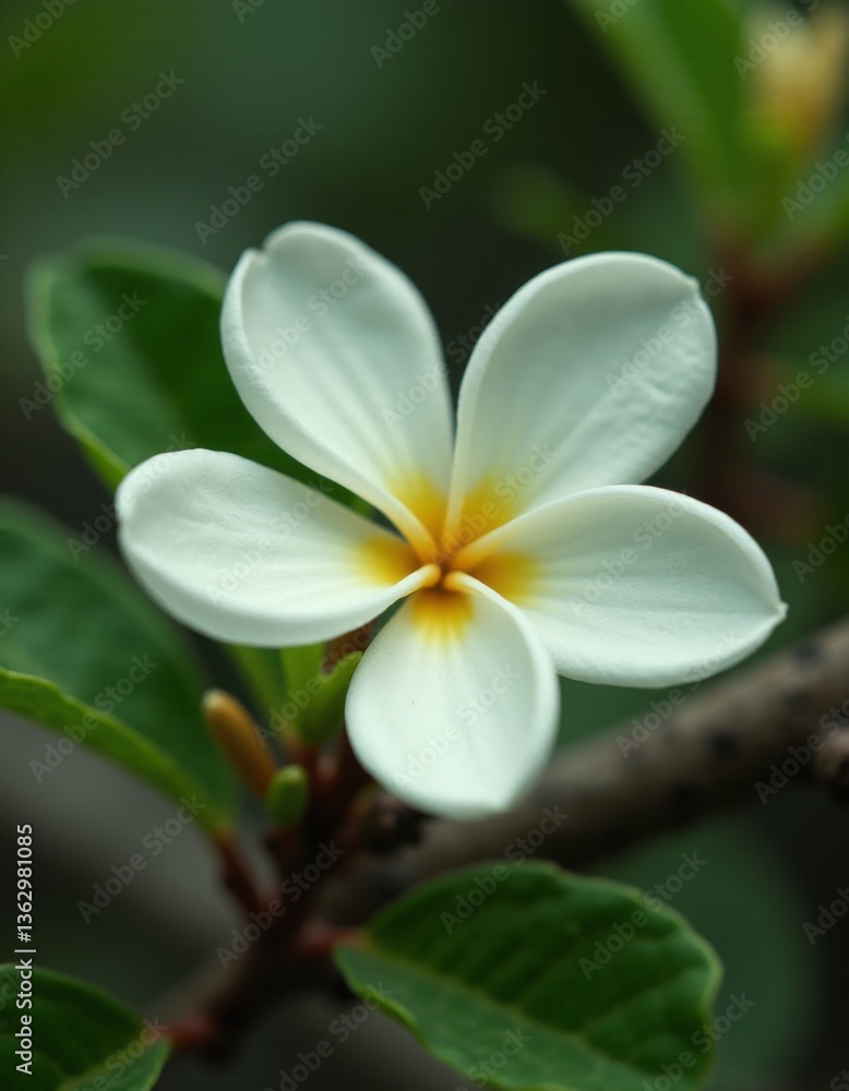 A white flower with a yellow center on a branch A white flower with a yellow center on a branch
