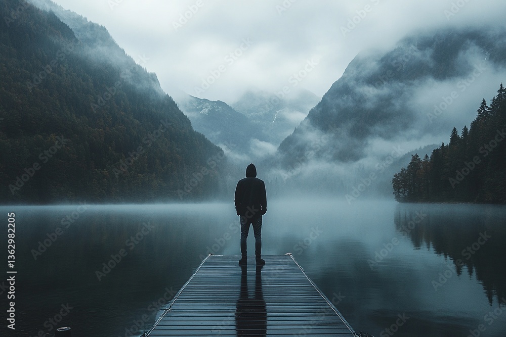 A lone figure stands on a dock overlooking a serene, misty lake nestled between majestic mountains. The tranquil scene evokes a sense of peace and contemplation. A lone figure stands on a dock overlooking a serene, misty lake nestled between majestic mountains. The tranquil scene evokes a sense of peace and contemplation.