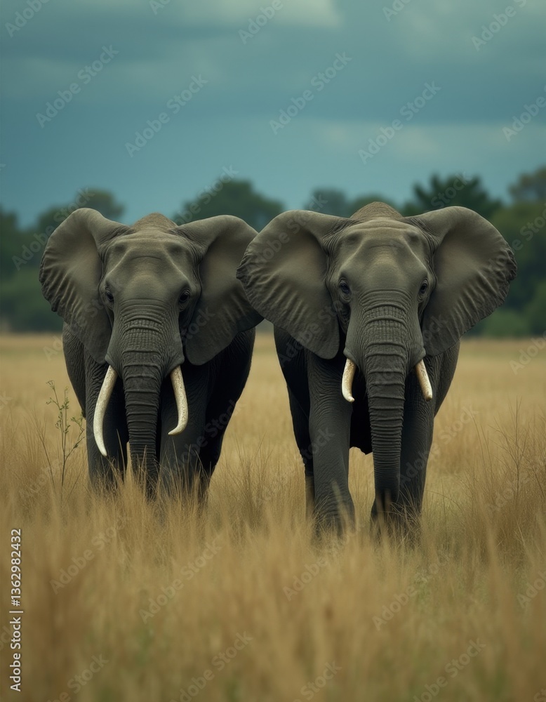 Fototapeta premium Two elephants standing in a grassy field under a cloudy sky