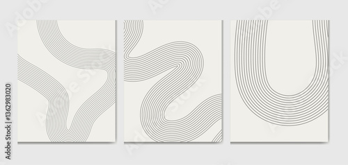  A set of three minimalist abstract line art prints featuring continuous curved black lines on a light beige background. This modern and elegant geometric design is perfect for contemporary home decor