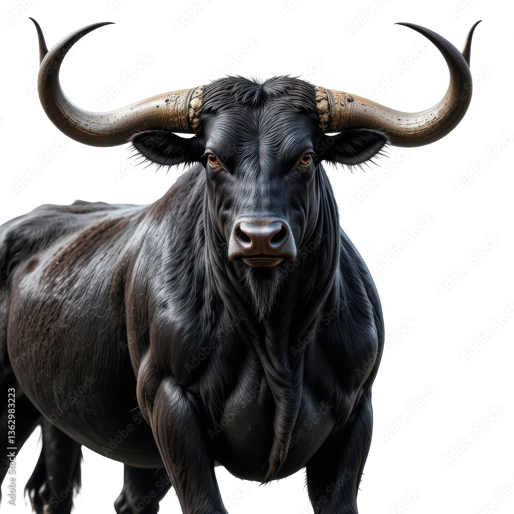 Fototapeta premium Black bull standing alone on a white background