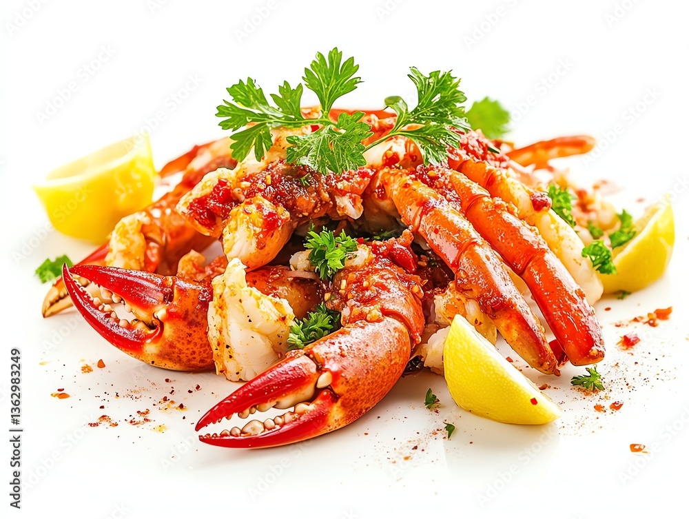 Prepared Crab Legs with Red Sauce Lemon and Parsley Delicious Seafood Prepared Crab Legs with Red Sauce Lemon and Parsley Delicious Seafood