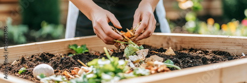 Hands Gardening with composting in vegetable bed showcasing sustainable practices