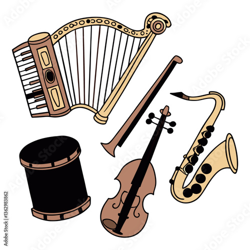 Musical instrument set. Accordion, guitar, harp, ethnic drum, violin, saxophone. Can be used for orchestra, acoustic concert, music, school concept vector