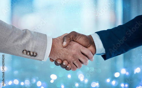 Business partnership meeting. Picture businessmans handshake. Successful businessmen handshaking after good deal. Horizontal, blurred background
