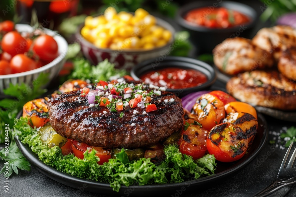 Delicious grilled burger with fresh vegetables and savory sauce on a dark plate gourmet food photography Delicious grilled burger with fresh vegetables and savory sauce on a dark plate gourmet food photography