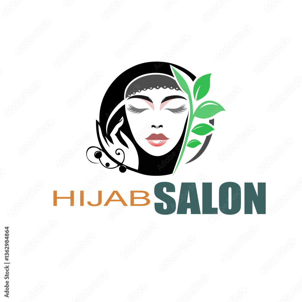 This image is a logo for Hijab Salon, a beauty care center designed for hijabi women. The logo features an elegant and artistic illustration of a woman’s face wearing a hijab. The addition of green le This image is a logo for Hijab Salon, a beauty care center designed for hijabi women. The logo features an elegant and artistic illustration of a woman’s face wearing a hijab. The addition of green le