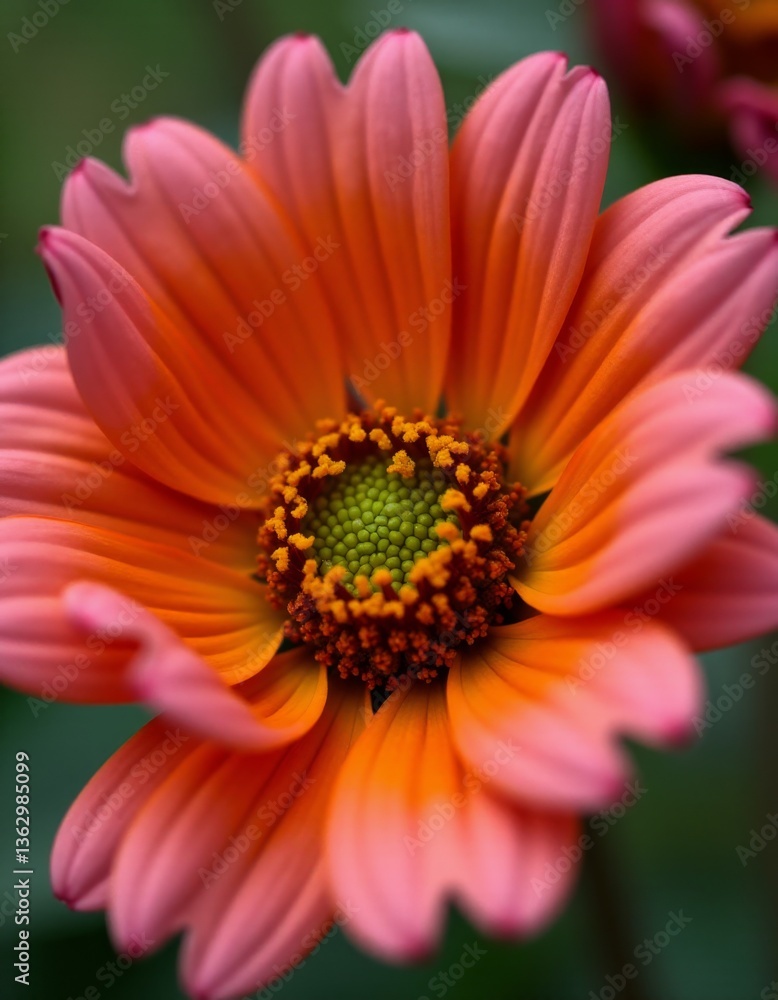 A close up of a pink and orange flower with a green center A close up of a pink and orange flower with a green center