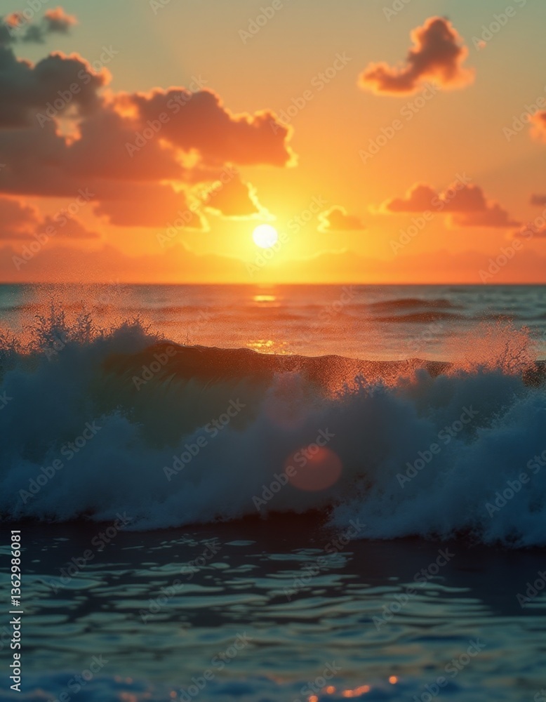 A sunset over the ocean with waves crashing on the shore