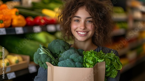 A cheerful woman holding a bag full of fresh vegetables and greens at the grocery store