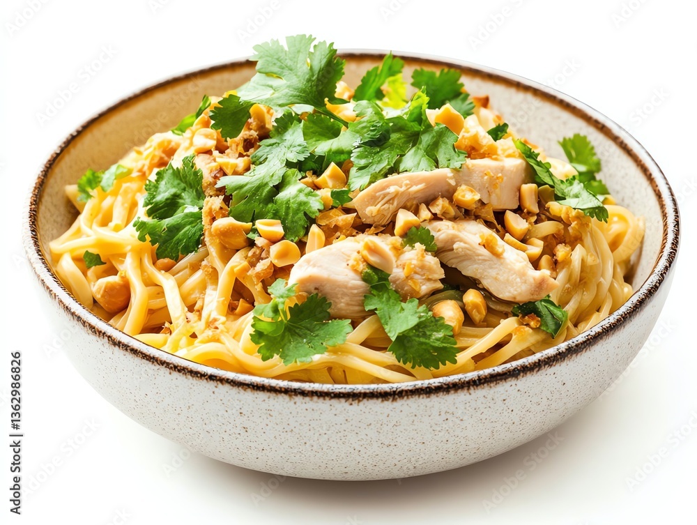 Chicken Noodle Bowl with Cilantro and Peanuts Close Up Chicken Noodle Bowl with Cilantro and Peanuts Close Up