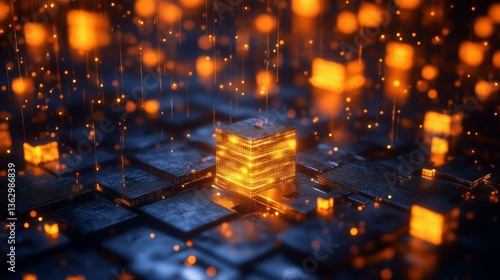 Glowing Cubes in a Futuristic Digital Landscape with Sparkling Particles