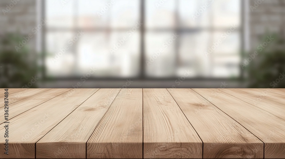 Wooden table top with blurred background of large windows and green plants in a modern interior Wooden table top with blurred background of large windows and green plants in a modern interior