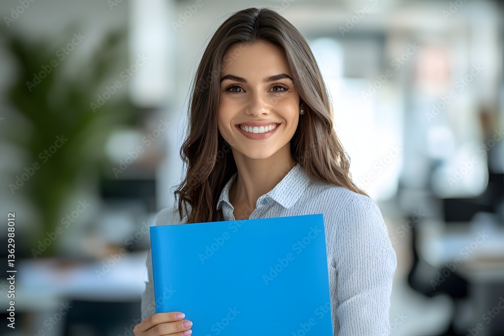 Portrait of a smiling woman in an office with a folder in her hands, taxes, finance, accountant Portrait of a smiling woman in an office with a folder in her hands, taxes, finance, accountant