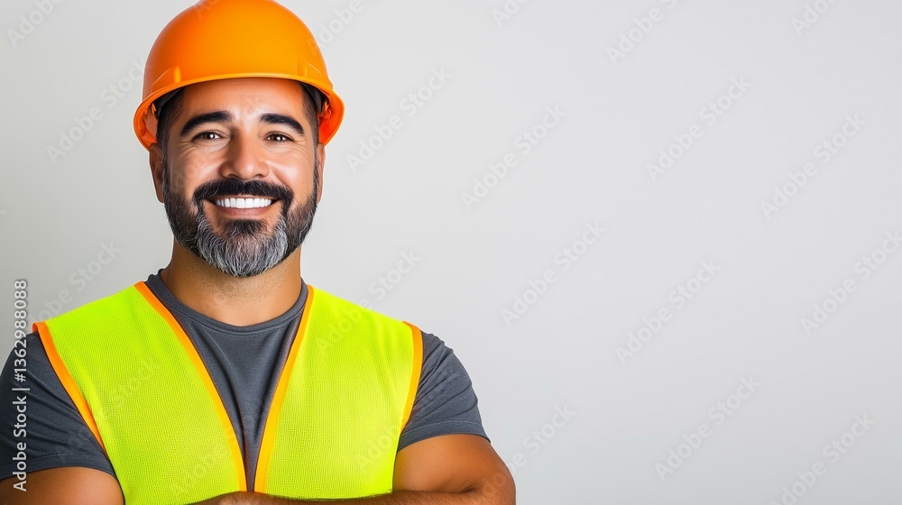 A smiling construction worker wearing an orange hard hat and a high-visibility vest stands confidently against a white background A smiling construction worker wearing an orange hard hat and a high-visibility vest stands confidently against a white background